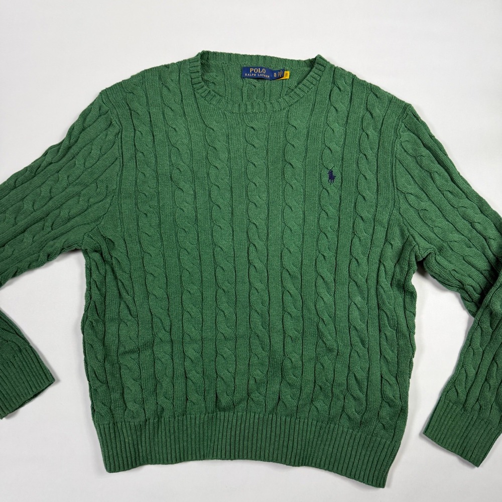 Polo Ralph Lauren Cable Knit Sweater Mens L Womens XL Green Crewneck Pony Logo